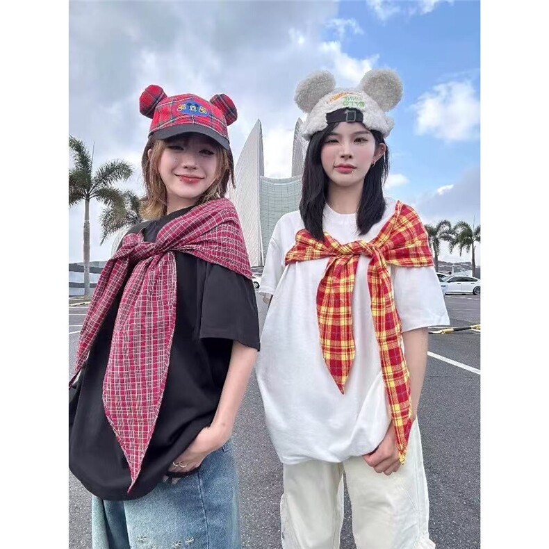 美式格子蝴蝶结绑带圆领短袖T恤女夏季独特设计感宽松百搭上衣潮,男装T恤,星座506A
