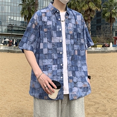 港风衬衫男春夏季内搭复古宽松破洞纹短袖潮衬衣外套7221P45，男装衬衫，电商A056