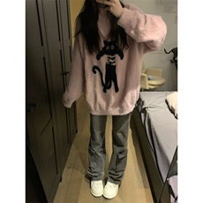 MM146-P68学生秋冬宽松百搭针织日系甜美可爱猫咪提花套头毛衣，女装针织衫/毛衣，星座617A-2