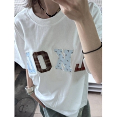 夏季新款多色字母格子碎花贴布潮牌短袖情侣上衣TX8099，男装T恤，星座208-5