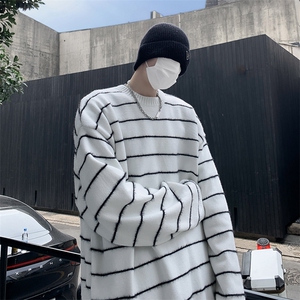 B213-P45 美式复古百搭休闲条纹针织衫男秋冬圆领宽松长袖毛衣图片