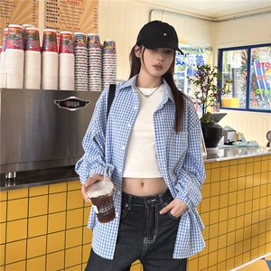 夏日韩版格子蓝色衬衫女宽松男友风衬衣宽松显瘦防晒开衫垂感外套图片
