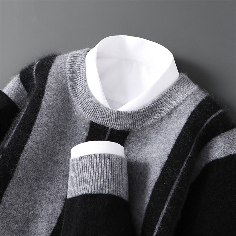 2025年秋季新款百搭男士12针彩条圆领加厚保暖羊毛衫,男装羊毛衫,邓利维