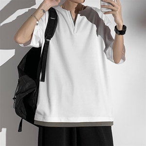 男士短袖港风白墙体恤夏季休闲百搭纯色V领T恤男上衣TC3134-P30