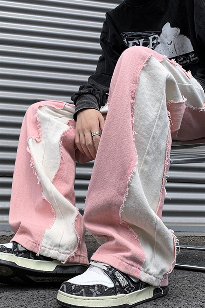 8XL-M特大码美式高街ins小众vibe鸳鸯黑白拼接直筒牛仔裤K929P60,男装休闲裤,电商D206-1