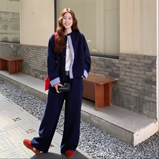 休闲减龄穿搭藏蓝色上衣套装女春秋超火好看高级感阔腿长裤两件套，女装套装/套裙，2B193
