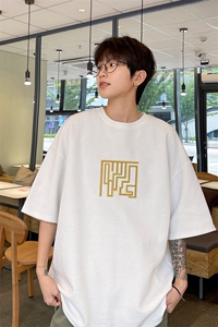 黑色t恤男短袖夏季薄款华夫格2025新款青少年国潮痞帅半袖体恤衫图片