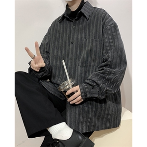 港风春款男衬衫条纹休闲夹克加厚长袖衬衣cs08 P55图片