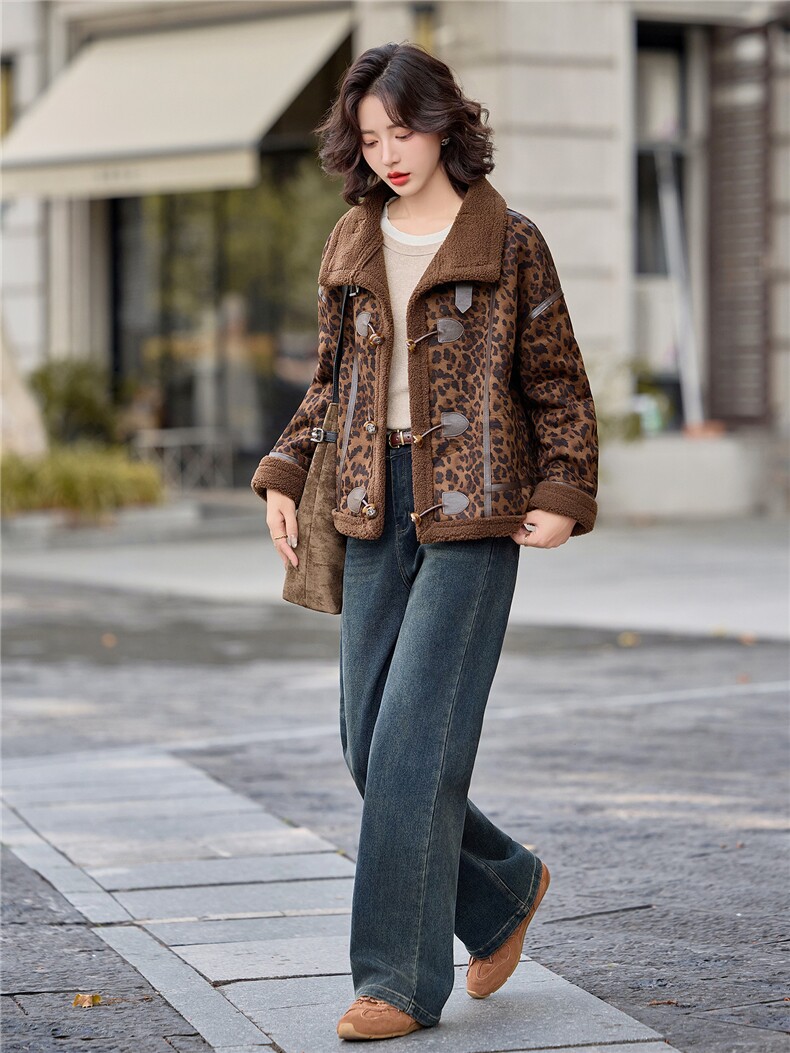 皮毛一体豹纹短款外套女2025冬季加绒加厚保暖洋气麂皮绒夹克上衣,女装羊羔毛/颗粒绒,涵墨