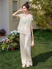 现货重工艺荷叶刺绣马甲阔腿裤女夏季休闲宽松两件套美静678P165，女装套装/套裙，美静678