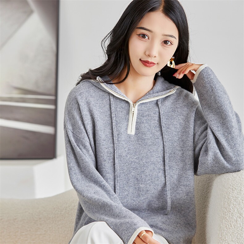 秋冬新款连帽针织卫衣女羊毛宽松半拉链帽衫洋气外穿拼色套头毛衣,女装羊毛衫,悦玛羊绒