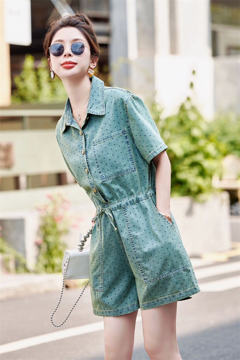 欧货薄款牛仔连体裤女夏季2024新款韩系收腰显瘦圆点阔腿短裤,女装连体裤,瑶迪依秀