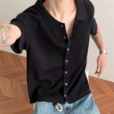 夏款潮牌浅灰色针织短袖男单排扣潮流设计衬衫轻奢上衣CS6501P48，男装T恤，星座1013-1