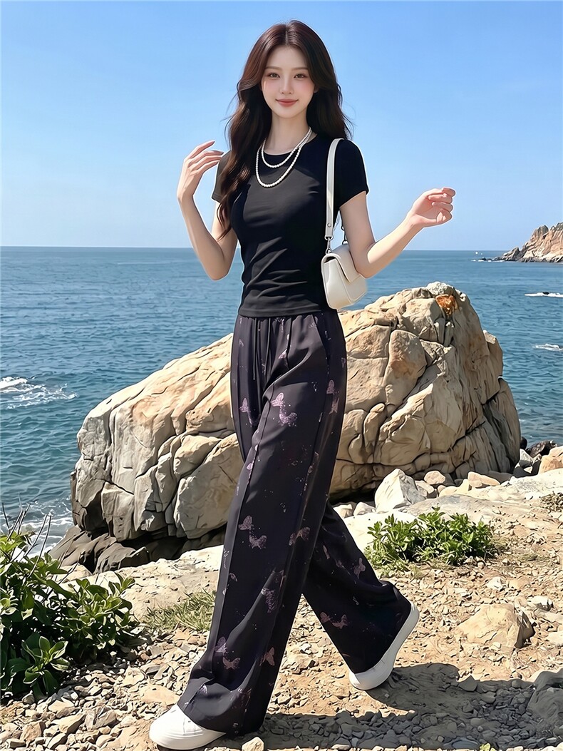 女夏季高级感休闲运动套装圆领收腰短袖阔腿蝴蝶印花长裤两件套潮,女装套装/套裙,江南