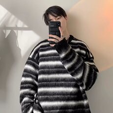 213#-P50慵懒风套头渐变灰色条纹针织衫春设计感宽松薄款长袖，男装针织衫/毛衣，电商B323A