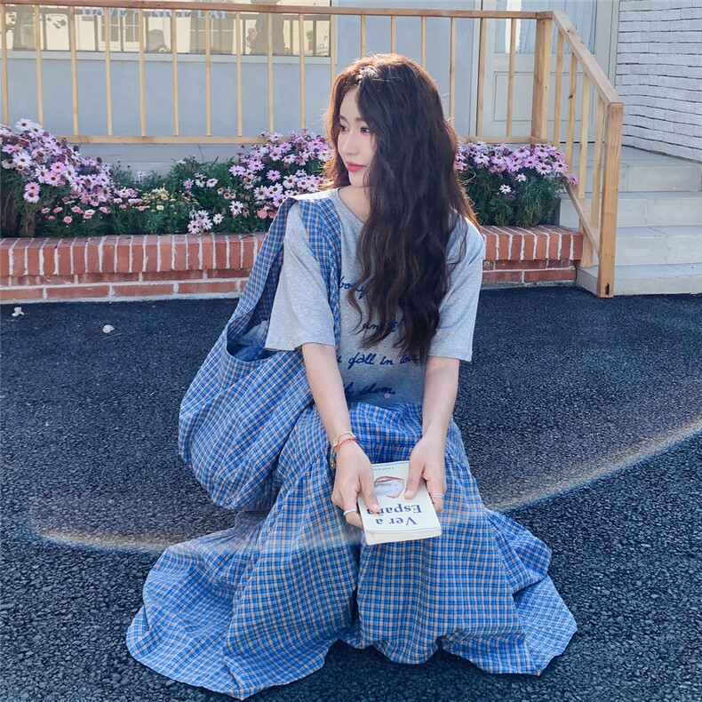2025夏季新款韩版圆领字母刺绣休闲宽松T恤格子半身裙两件套装女,女装套装/套裙,2C203