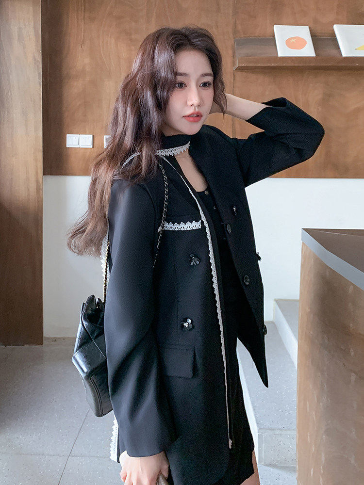 蕾丝飘带黑色西装外套女春秋2025新款小个子气质名媛高级感小西服,女装西装,慧尚依恋