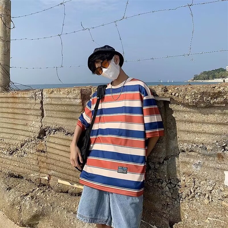 W271-P28夏季日系复古撞色条纹T恤宽松百搭情侣青少年短袖潮,男装T恤,星座911-1