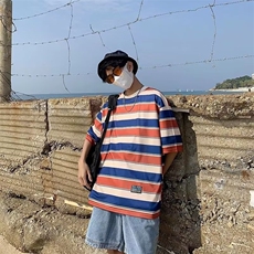 W271-P28夏季日系复古撞色条纹T恤宽松百搭情侣青少年短袖潮，男装T恤，星座911-1