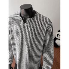 美式高街千鸟格子长袖T恤男女亨利V领英伦雅痞休闲宽松长袖打底衫，男装T恤，电商A443