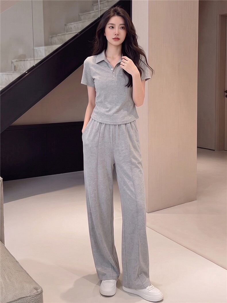 韩版时尚休闲运动套装女夏季新款显瘦气质翻领短袖卫衣长裤两件套,女装套装/套裙,江南
