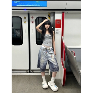 DKN47LL-P60 美式复古贴画印花牛仔短裤男宽松直筒七分裤图片