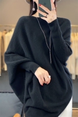 一线成衣女圆领蝙蝠袖宽松慵懒风长袖毛衣纯色羊绒衫，女装羊毛衫，忠诺羊绒