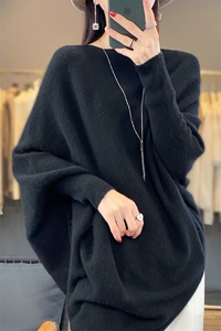 一线成衣女圆领蝙蝠袖宽松慵懒风长袖毛衣纯色羊绒衫图片