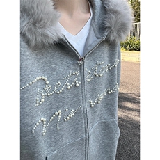 美式复古毛领钉珠字母开衫连帽卫衣女冬季新款加绒加厚情侣外套潮，女装短外套，星座813-2