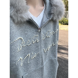 美式复古毛领钉珠字母开衫连帽卫衣女冬季新款加绒加厚情侣外套潮