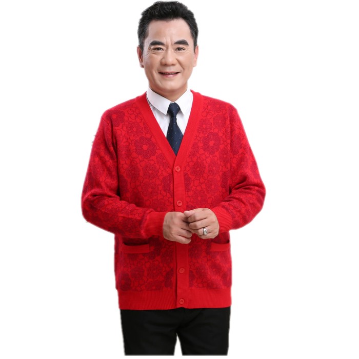 老年人毛衣男爸爸妈妈本命年情侣装爷爷奶奶红色开衫秋冬羊毛外套,男装中老年男装,亚东羊绒制品