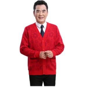 老年人毛衣男爸爸妈妈本命年情侣装爷爷奶奶红色开衫秋冬羊毛外套图片
