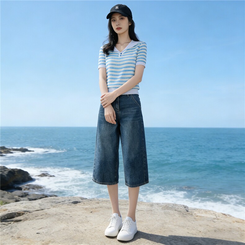 时尚简约套装女夏季新款洋气减龄蓝色翻领条纹上衣牛仔中裤两件套,女装套装/套裙,江南