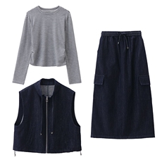 牛仔马甲半身裙套装女2026新款早春一整套穿搭条纹上衣裙子三件套，女装套装/套裙，浙宝029