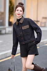 安可拉红牛仔外套女高级感撞色上衣2024秋冬加绒加厚PU皮拼接夹克，女装牛仔外套，美拉德工厂直营店