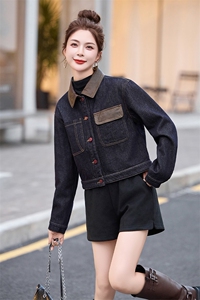 安可拉红牛仔外套女高级感撞色上衣2024秋冬加绒加厚PU皮拼接夹克图片