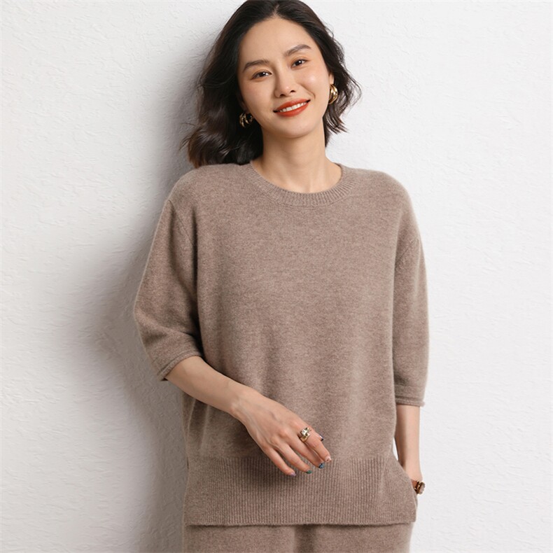 圆领羊绒衫女纯山羊绒五分袖加厚宽松毛衣针织慵懒打底衫,女装羊绒衫,五色羊羊绒