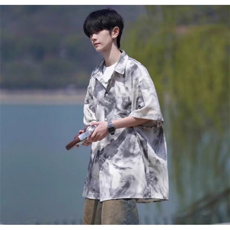 扎染短袖花衬衫男生夏季薄款冰丝大码设计感度假海边沙滩衬衣外套,男装T恤,星座1005-4