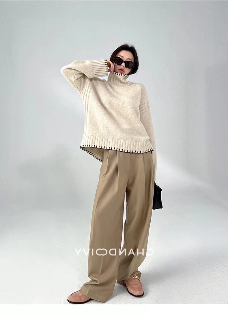 高领设计感毛衣女2024秋季新款韩版宽松长袖针织衫,女装羊毛衫,千御纺羊绒
