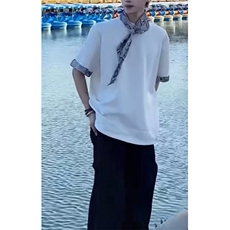 蛇纹卷边拼接t恤男款夏季小众丝巾设计感短袖美式高级感垫肩半袖，男装T恤，星座601-1