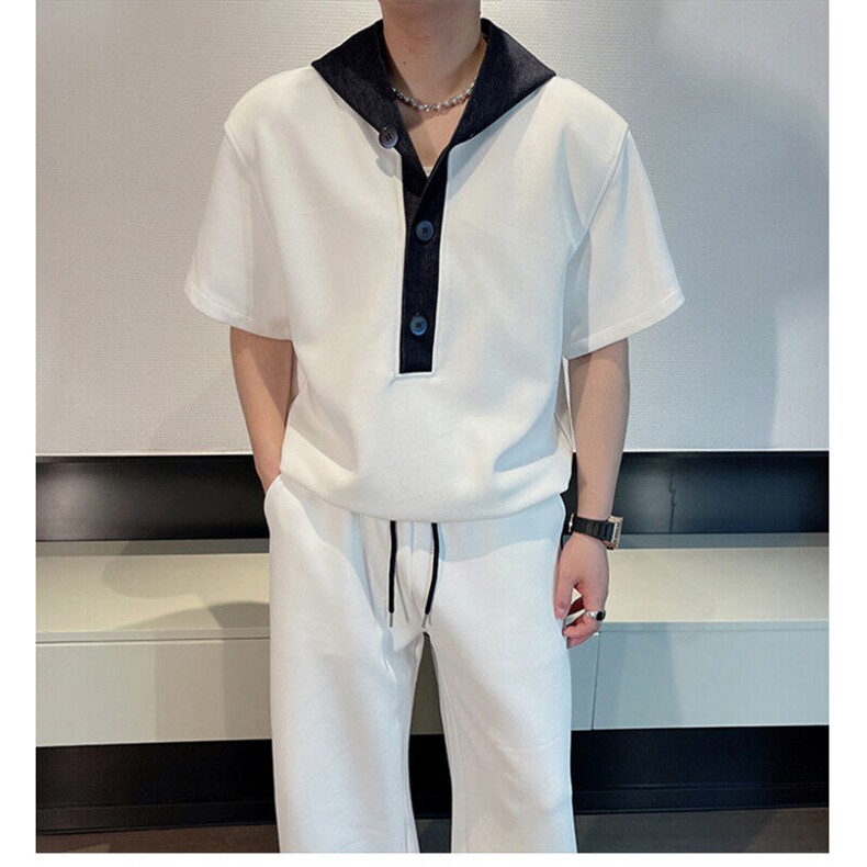 夏季红撞色拼接连帽短袖卫衣宽松弯刀裤套装男潮TZ286-P152,男装T恤,电商B267
