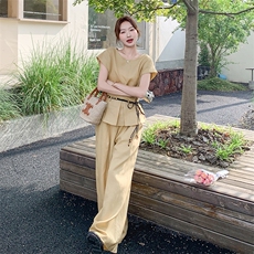 时尚休闲麻料套装女超好看2025年夏季新款飞飞袖上衣阔腿裤两件套，女装套装/套裙，2C301