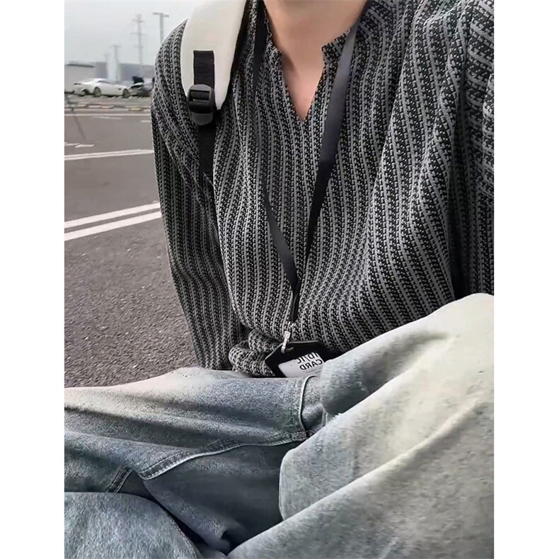 美式高街千鸟格子长袖T恤男女亨利V领英伦雅痞休闲宽松长袖打底衫图片