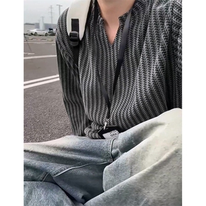 美式高街千鸟格子长袖T恤男女亨利V领英伦雅痞休闲宽松长袖打底衫图片