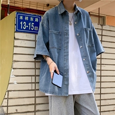 牛仔短袖衬衫男夏季薄款休闲七分衬衣宽松大码半袖日系衣服C1353，男装衬衫，星座1116A-1（原606A）