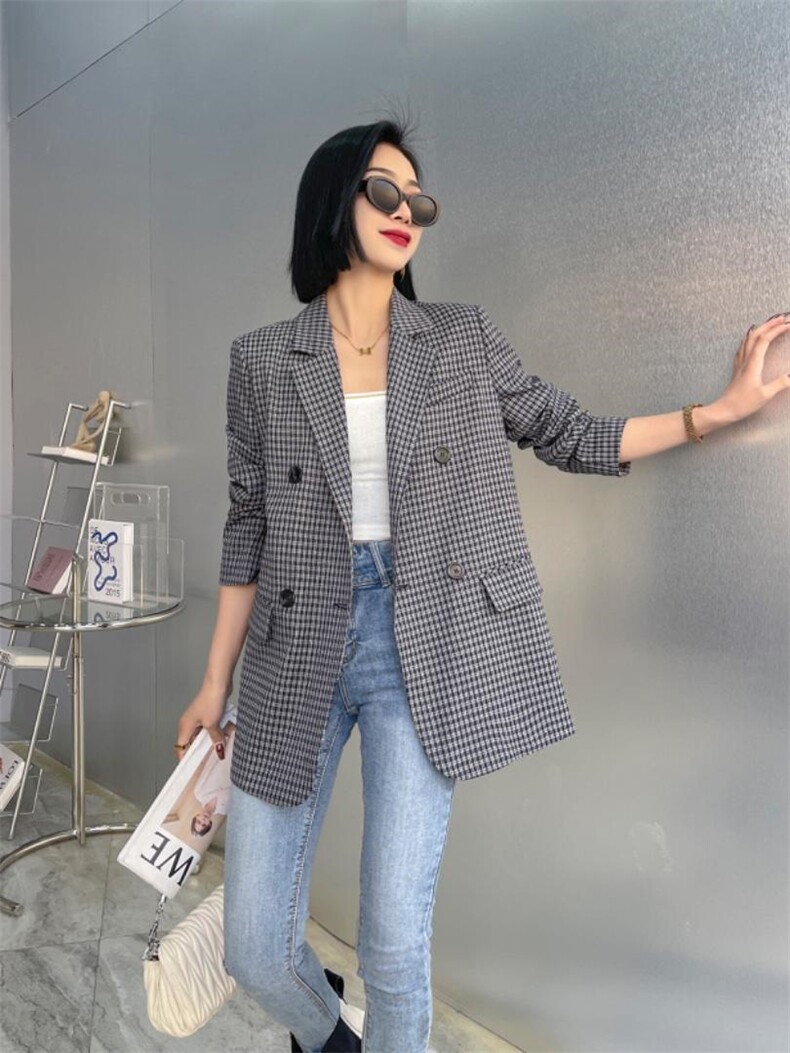 【现货】春装新款韩版阔版黑白格休闲西装，女装西装，名怡