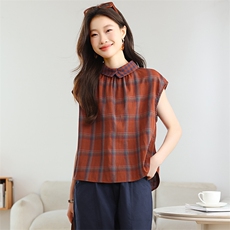 格纹短袖棉麻衬衫女2025夏新款时尚休闲中年妈妈七分裤，女装衬衫，忆绮罗