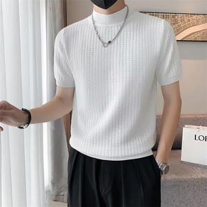 半高领痞帅网红短袖T恤男针织衫新款休闲男士打底衫修身半袖T3302图片