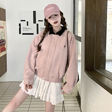 甜美风粉色拼色翻领休闲夹克上衣女2025小众设计感美式棒球服外套，女装短外套，2C201