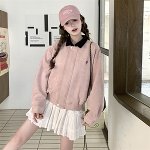 甜美风粉色拼色翻领休闲夹克上衣女2025小众设计感美式棒球服外套图片